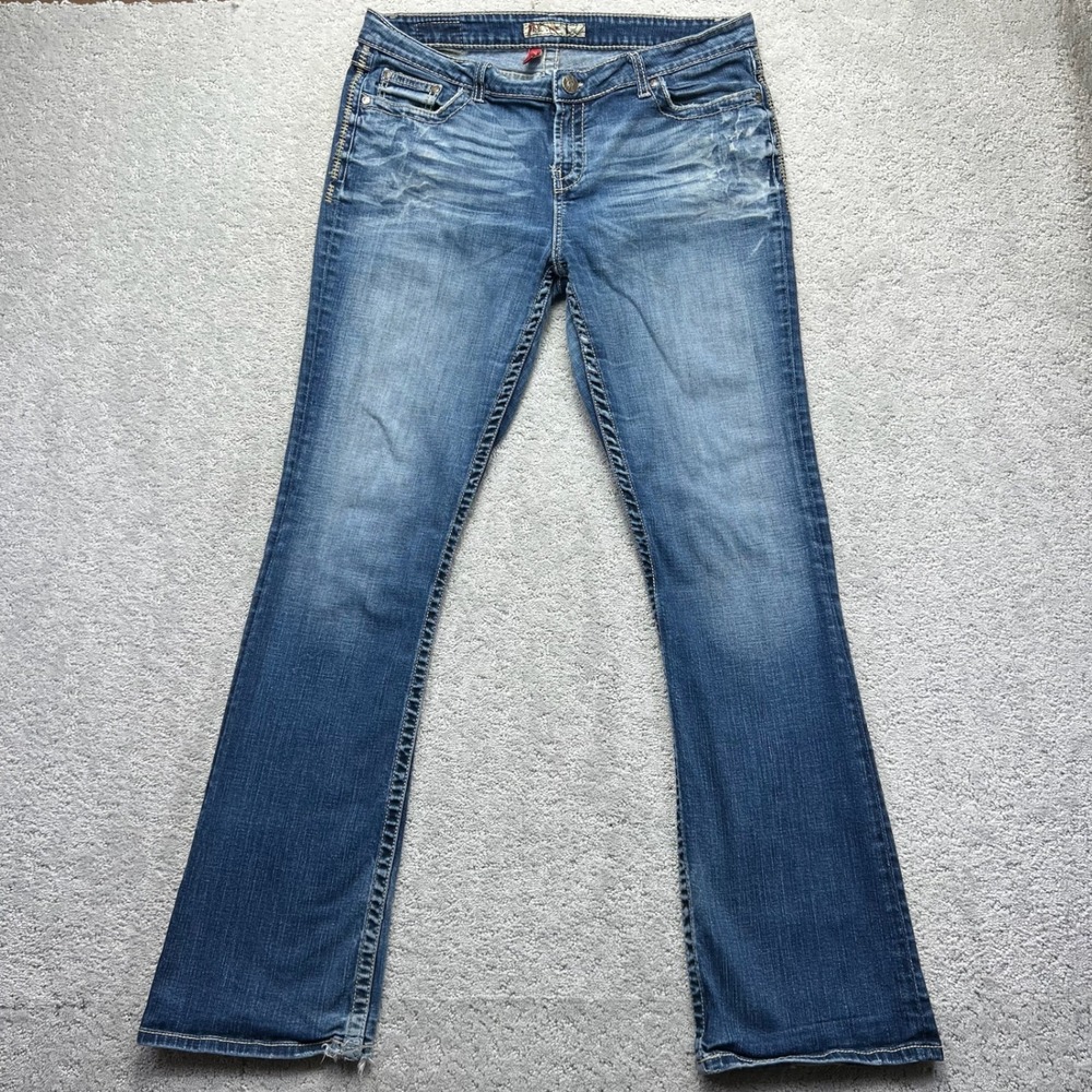 BKE Jeans Womens 36x35.5 (36x34) Blue Denim Distressed Kate Bootcut Thick Stitch